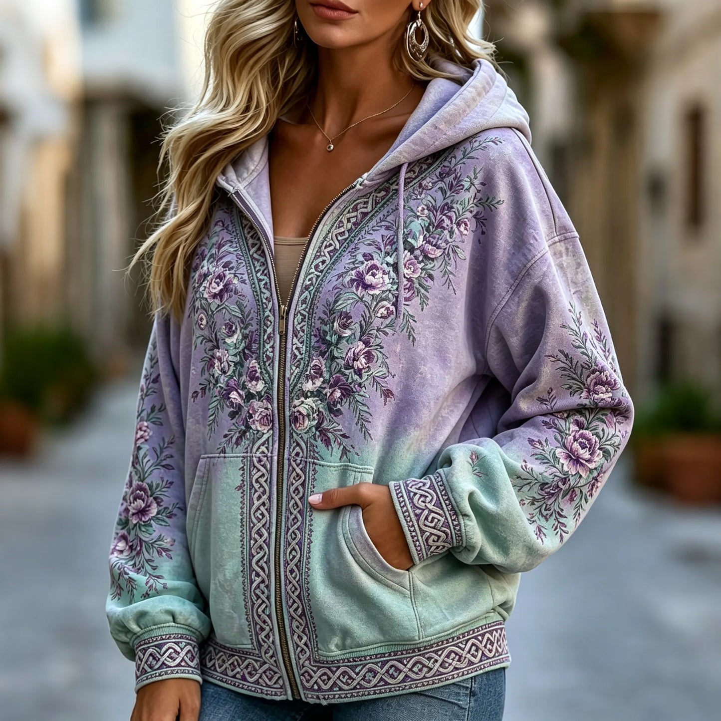 Cardydony Women's Vintage Flowers Celtic Knot Gradient Art Casual Zip-up Hoodie