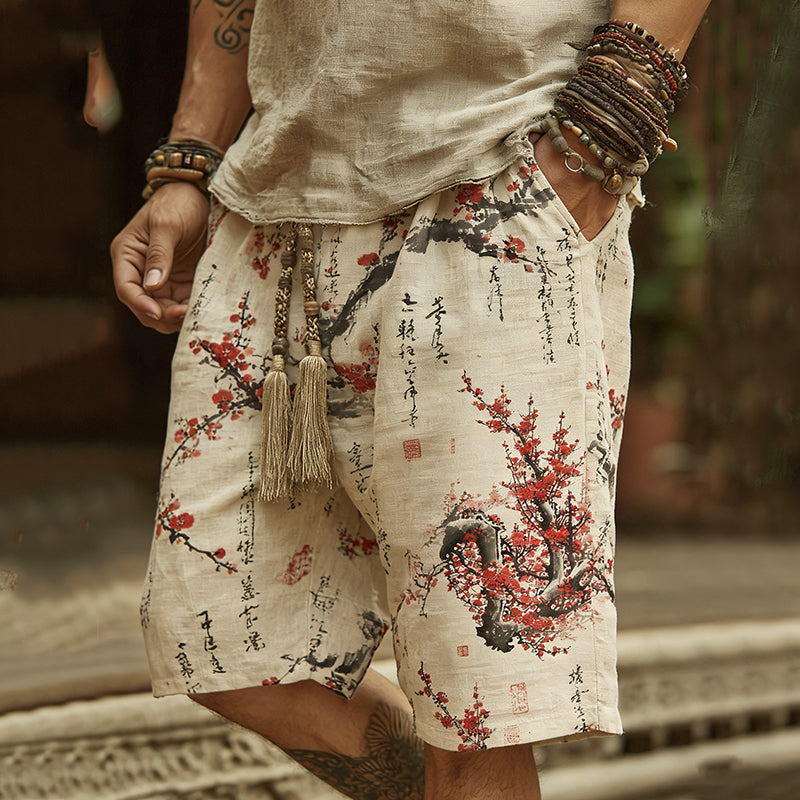Cardydony Men's Vintage Japanese Cherry Blossom Art Print Linen Blend Shorts