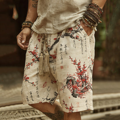 Cardydony Men's Vintage Japanese Cherry Blossom Art Print Linen Blend Shorts