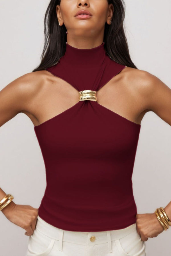 Cardydony Women's  Solid Color Sleeveless Off-shoulder Embellished Slim Stretch Top