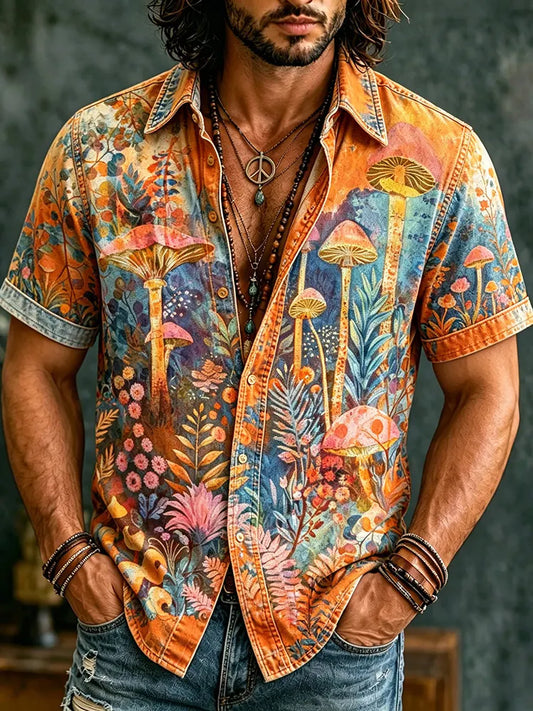 Cardydony Men's Retro Hippie Psychedelic Mushroom Forest Pattern Casual Washed Shirt