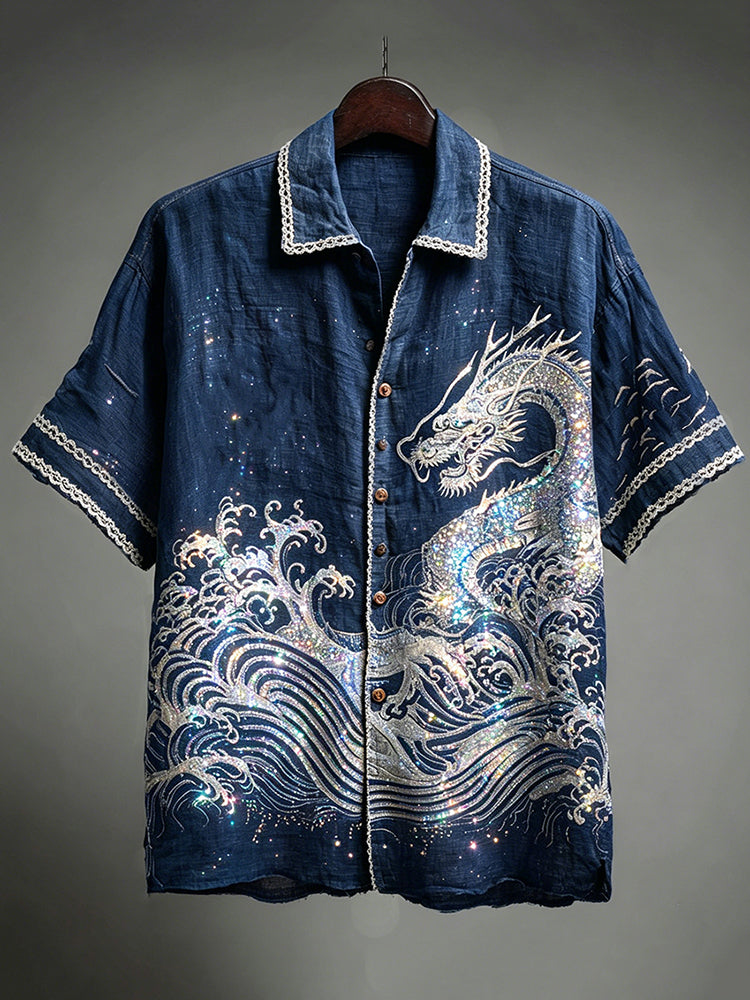 Cardydony Retro Japanese Style Wave And Dragon Art Casual Shirt