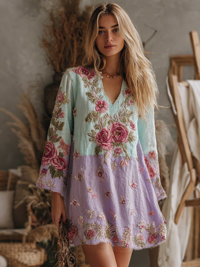 Cardydony Women's V Neck Boho Classy Gradient Pink Roses Embroidered Art Casual Dress