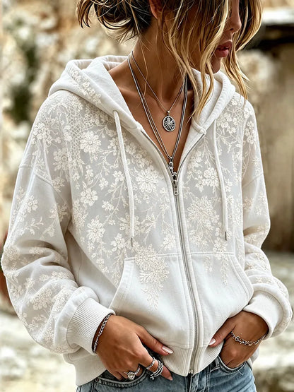 Cardydony Women's Vintage White Floral And Lace Art Embroidered Cotton Linen Casual Hoodie