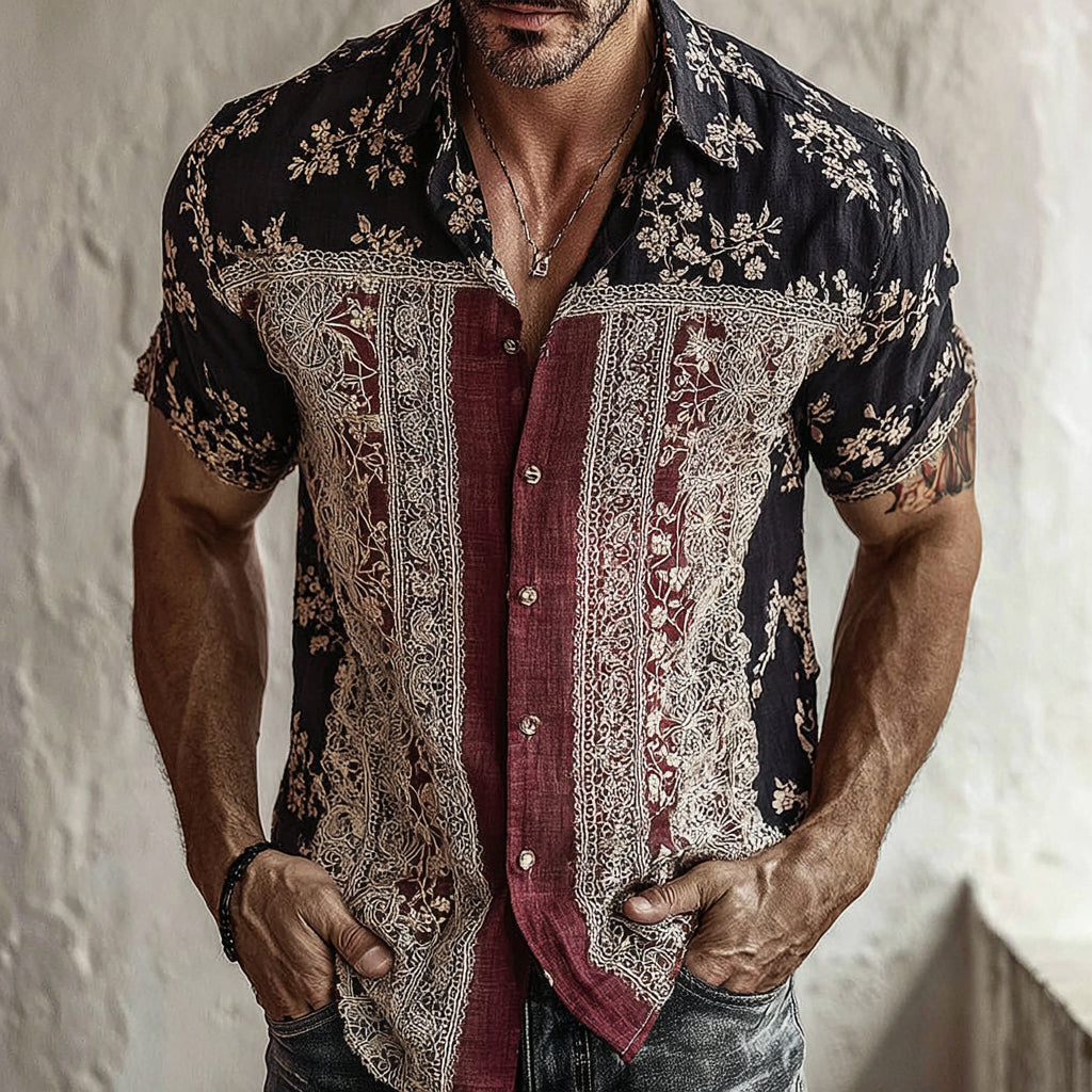 Cardydony Men's Retro Floral Patchwork Pattern Casual Shirt