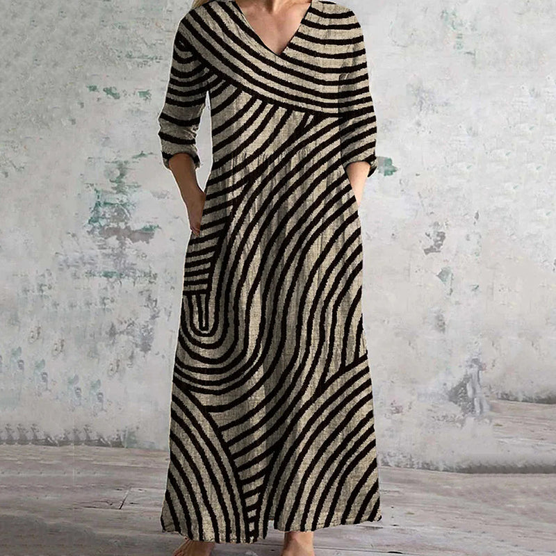 Cardydony Vintage Stripe Pattern Women's Linen Dress