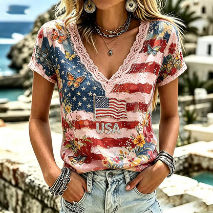Cardydony Women's Independence Day Anniversary Flag Art Comfortable Cotton Linen V-neck Short Sleeve Top