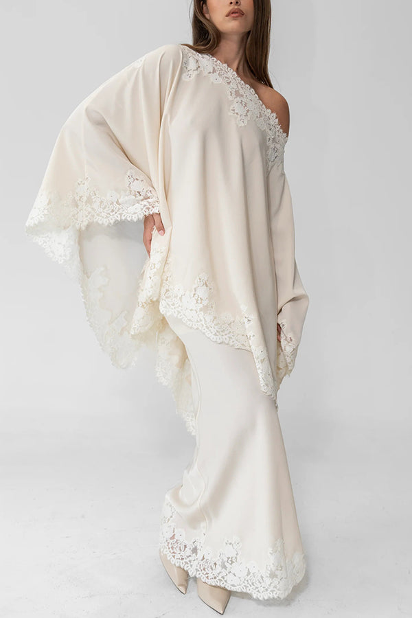 Cardydony Women's Like A Swan Satin Lace Trim High Rise Elastic Waist Drape Maxi Skirt