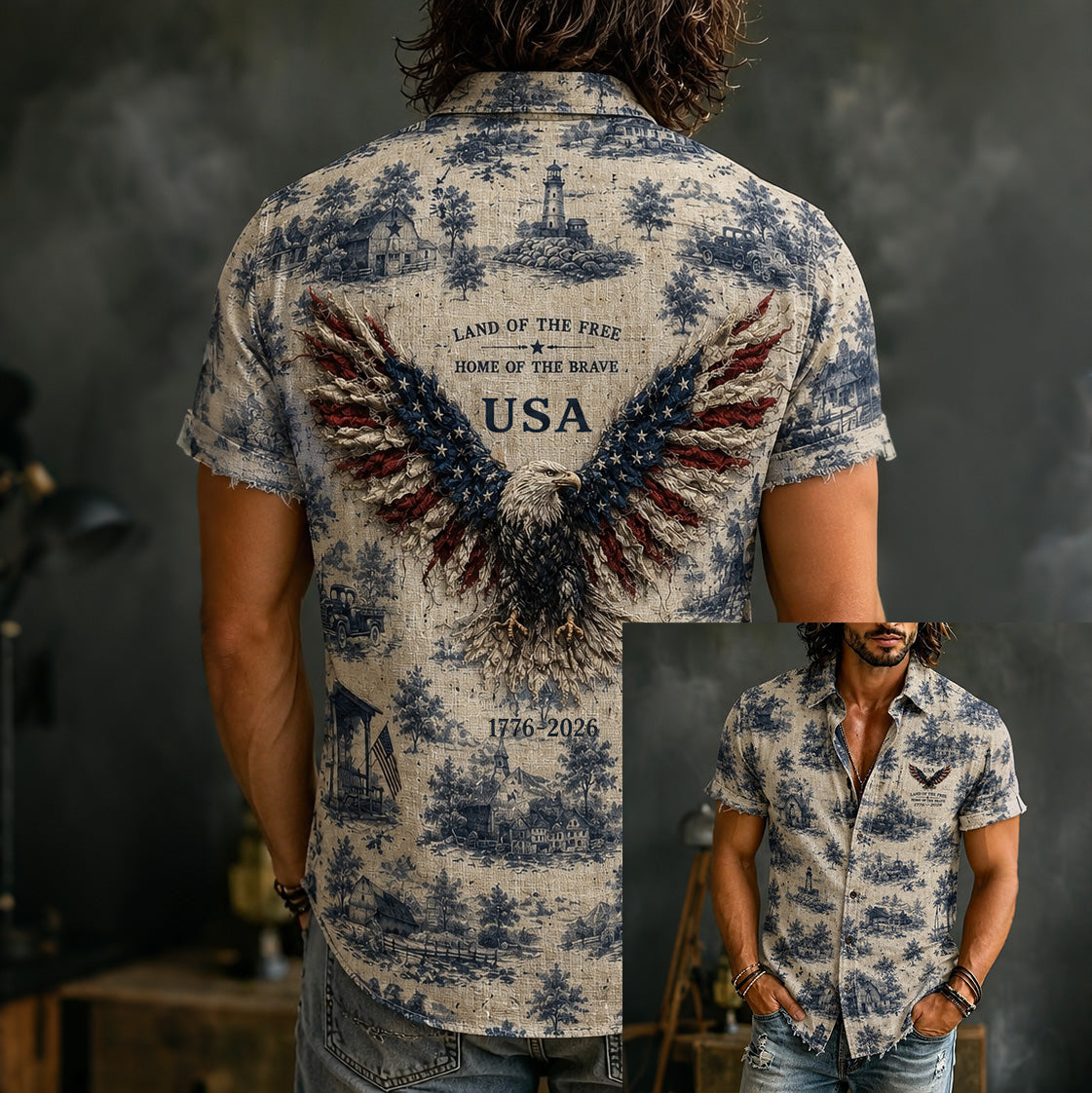 Cardydony Vintage Independence Day Land Of The Free Eagle Pattern Hawaii Shirt