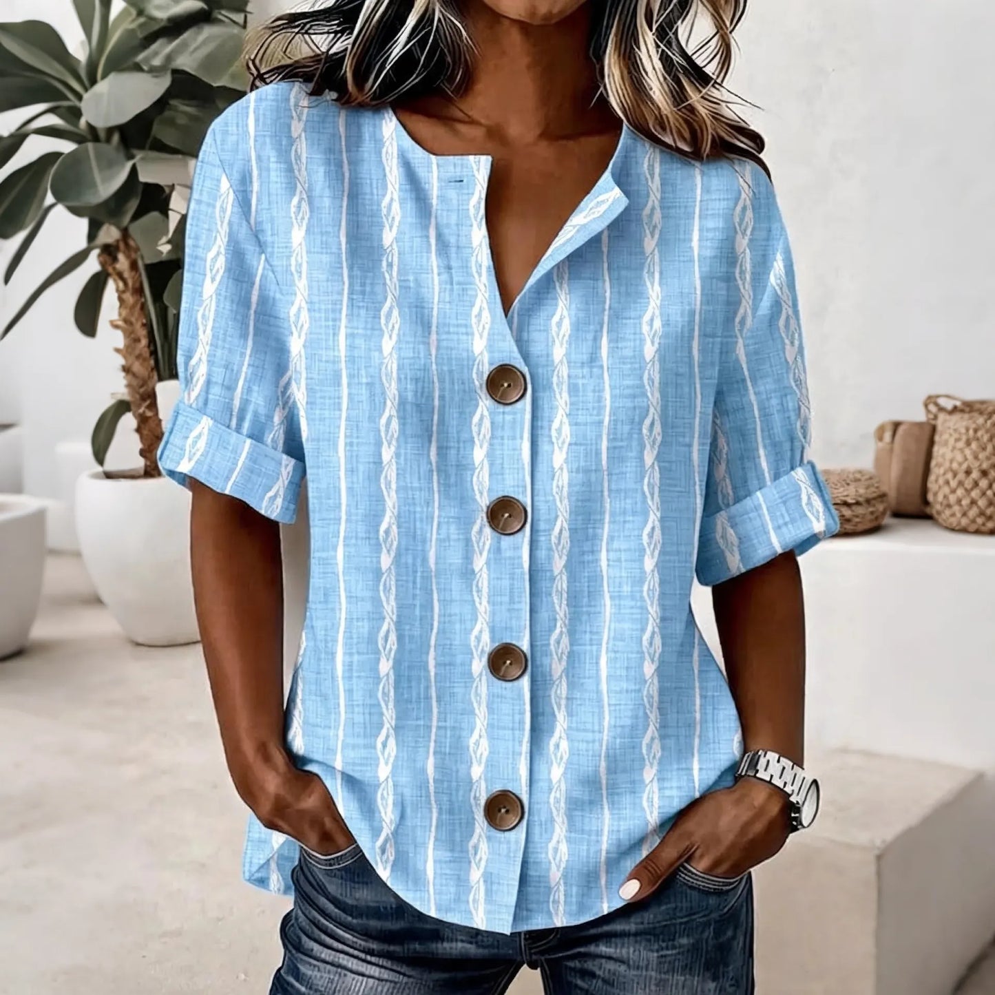 Cardydony Women's Striped Art Pattern Casual Shirt