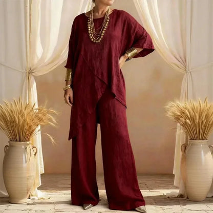Cardydony Women's Comfy Linen Blend Flowy Double Layer Design Top And Pants Two-piece Set