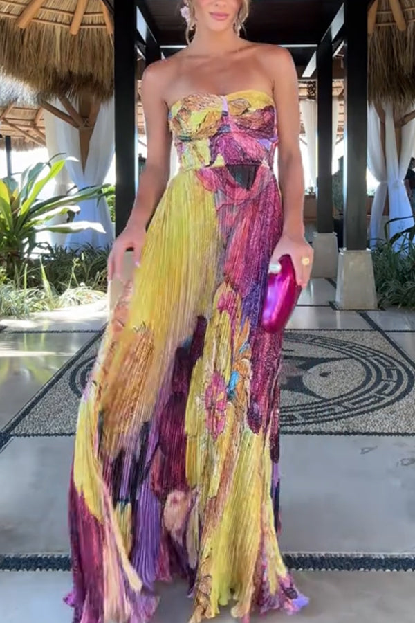 Cardydony Women's Vibrant and Bold Floral Print Sweetheart Neck Pleated Maxi Dress