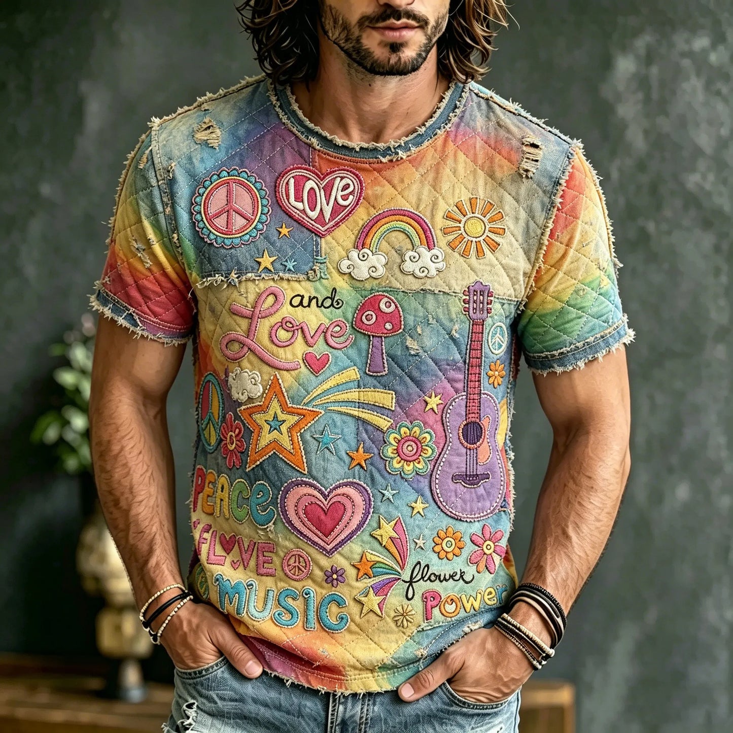Cardydony Men's Retro Hippie Style Embroidered Print T-shirt