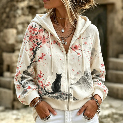 Cardydony Women's Retro Plum Blossom Black Cat Print Zip-up Hoodie