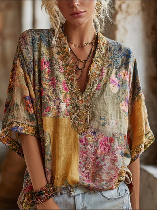 Cardydony Three-dimensional Embroidery Rare Item Flower Vintage Tie-dye V-neck Short-sleeved Shirt