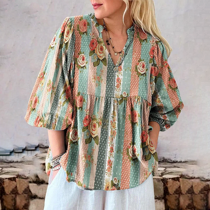 Cardydony Women's Retro Floral Art Print Cotton And Linen Casual Top