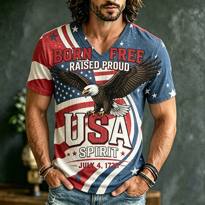 Cardydony Men's American Flag And Eagle Print Cotton And Linen Comfortable V-neck T-shirt