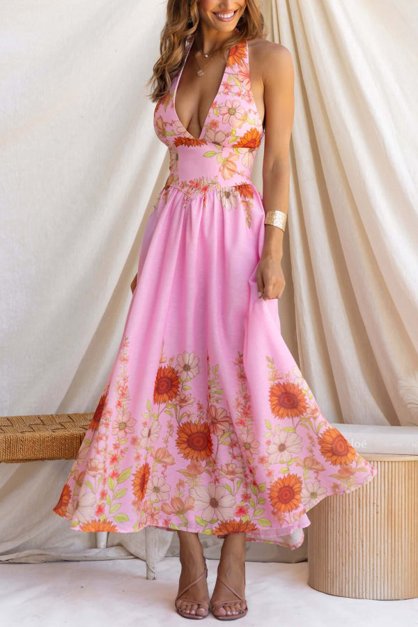 Cardydony Women's Sunflower Print V-neck Fitted Waist Elegant Maxi Dress