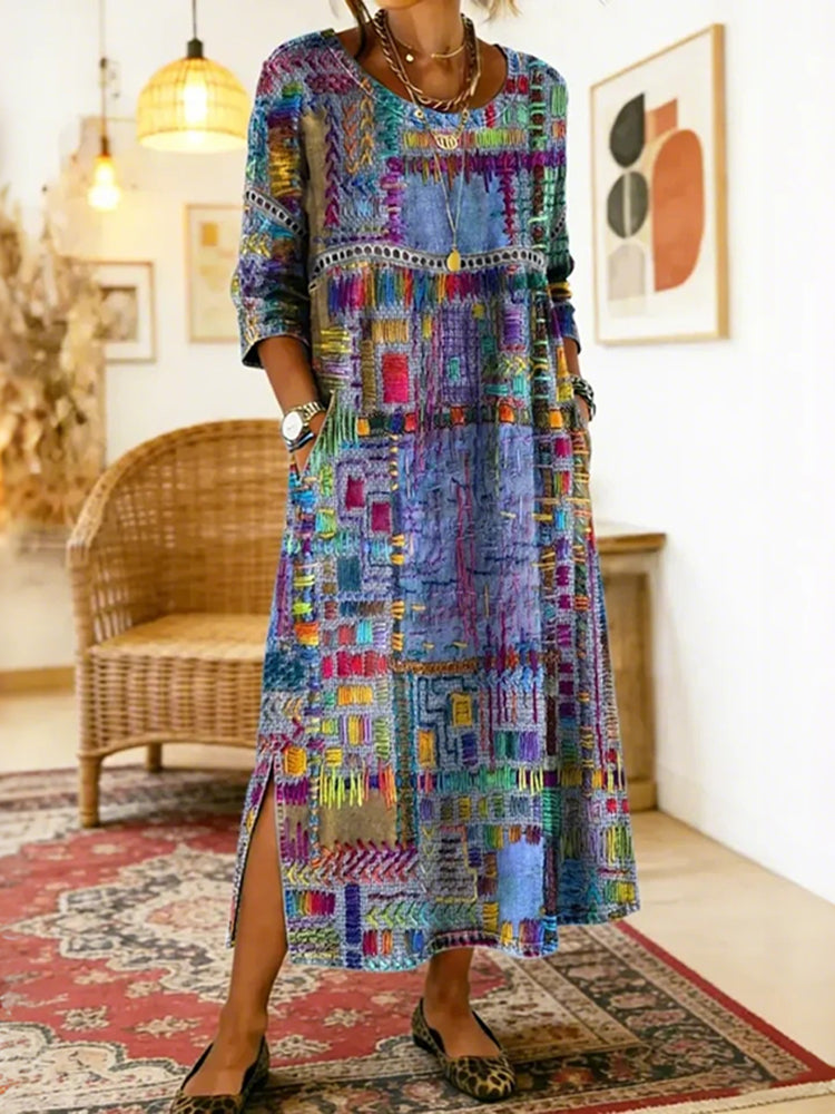 Cardydony Women's Colorful Geometric Art Pattern Round Neck Loose Midi Dress