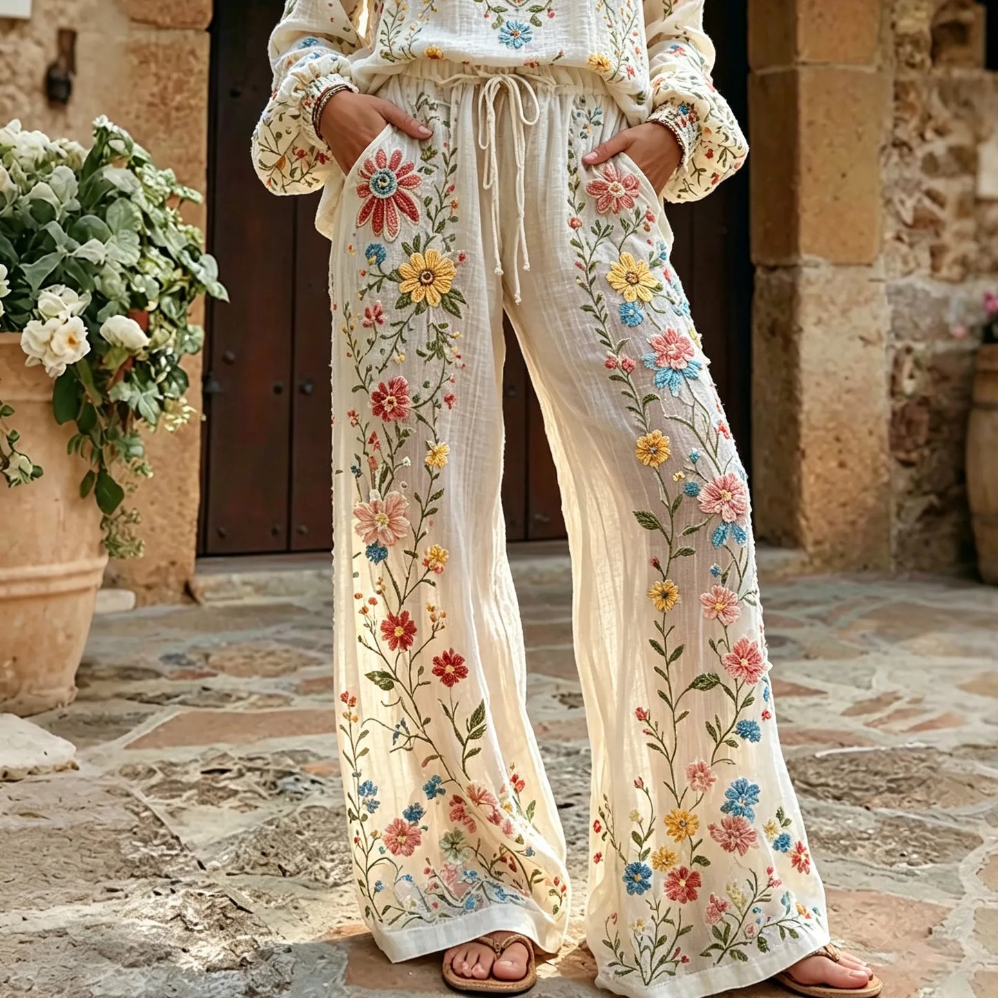 Cardydony Women's Vintage Floral Pattern Art Embroidered Linen Blend Pants