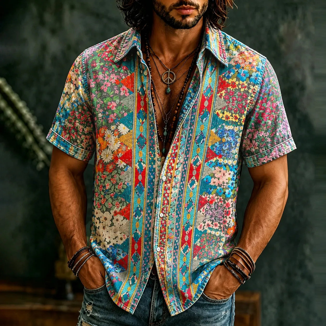 Cardydony Men's Retro Hippie Ethnic Geometry With Floral Graffiti Art Pattern Casual Washed Shirt