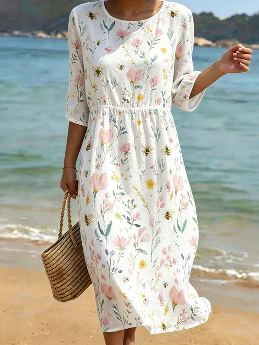 Cardydony Women's Vintage Bohemian Floral Bees Print Round-neck Mid-sleeve Linen Dress