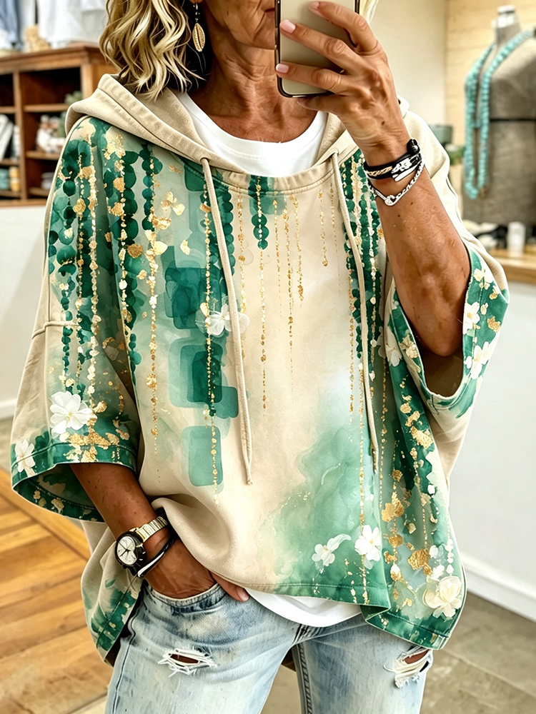 Cardydony Women's Casual Hoodie - Green And Beige Watercolor With Gold Drip Lines And White Floral Print Pullover