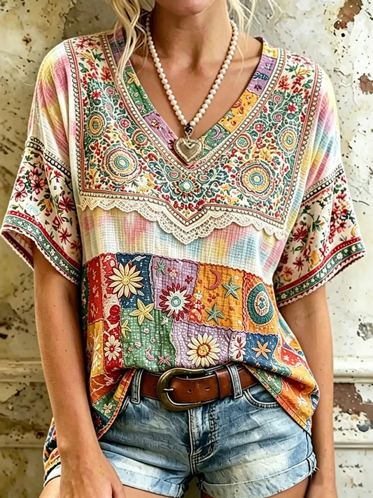 Cardydony Women's Vintage Hippie Floral And Stars Pattern Art Embroidered Linen Blend V Neck Shirts