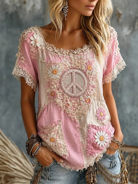 Cardydony Women's Floral Peace Art Printing Casual Short Sleeve T-shirt
