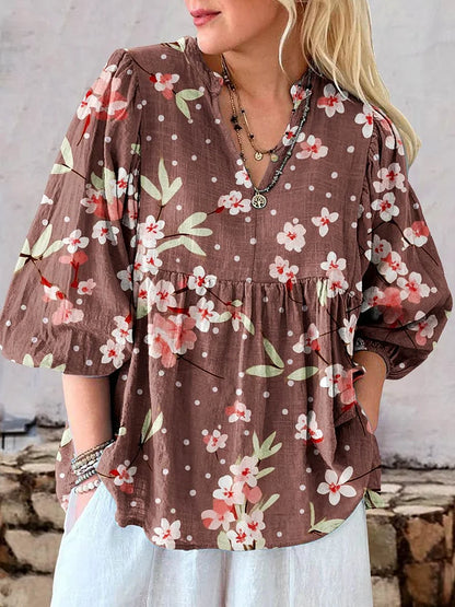 Cardydony Women's Retro Floral Art Print Cotton And Linen Casual Top