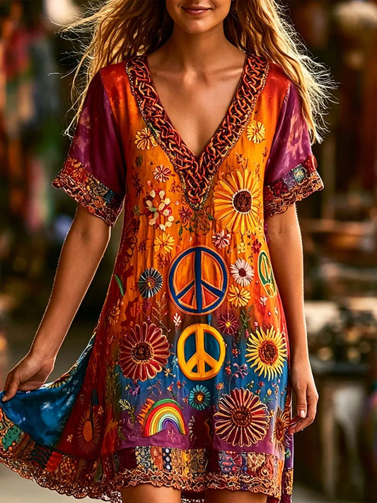 Cardydony Women's Hippie Peace Symbol And Floral Art Colorful Tie-dye Casual Short-sleeved Dress