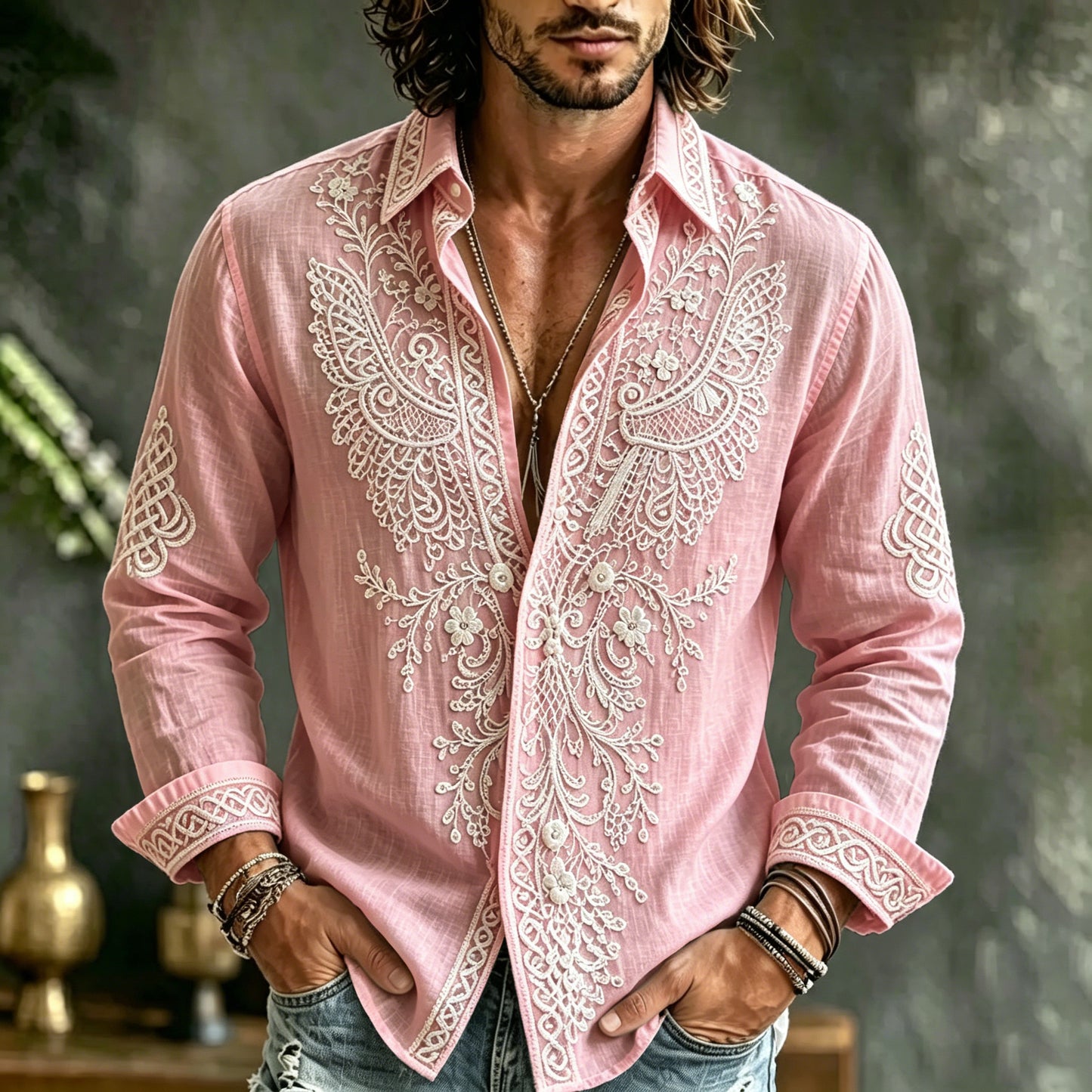 Cardydony Men's Spring Summer Viking Tribal Jacquard Wings And Floral Inspired Art Flowy Linen Blend Shirt