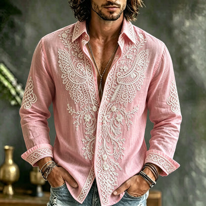 Cardydony Men's Spring Summer Viking Tribal Jacquard Wings And Floral Inspired Art Flowy Linen Blend Shirt