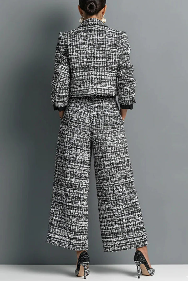 Cardydony Women's Stylish Long-sleeved Single-breasted Short Jacket and Casual Pocket Wide-leg Pants Sets