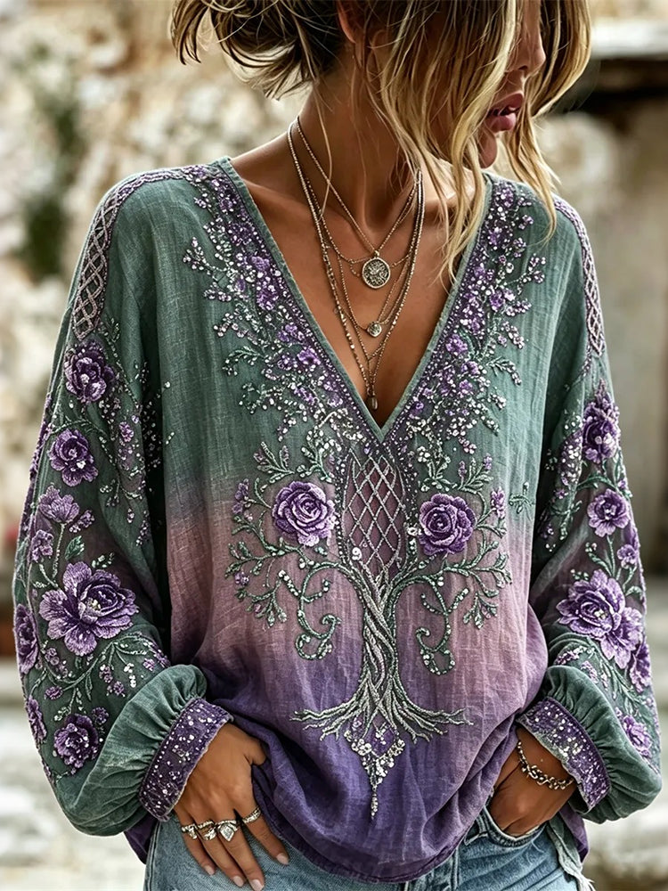 Cardydony Women's Vintage Celtic Knot Floral Art Flowy Art V Neck Long Sleeve T-shirt