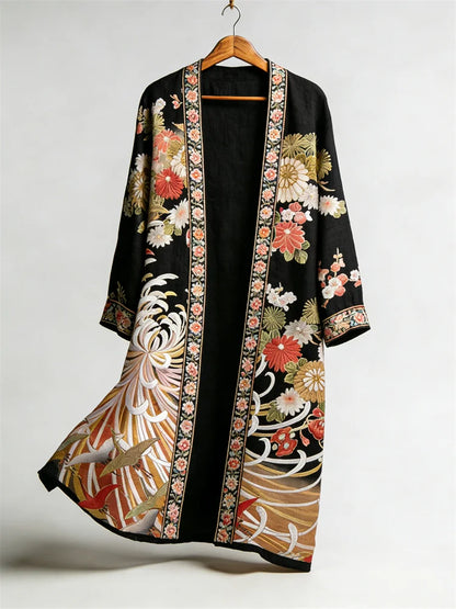 Cardydony Japanese Chrysanthemum Floral Art Flowy Long Linen Kimono