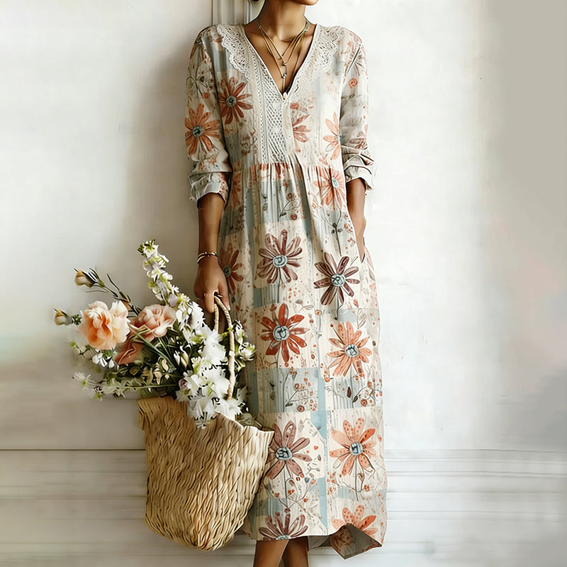 Cardydony Women's Bohemian Vintage Floral Art Print Flowy Linen Blend Casual Dress