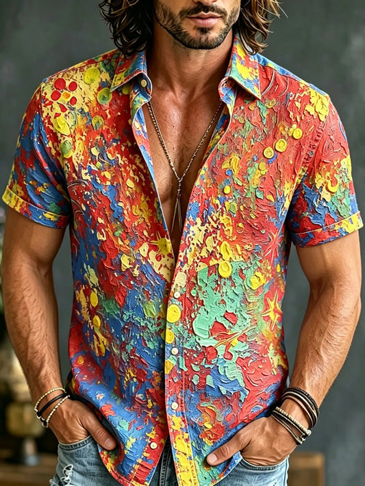 Cardydony Men's Retro Hippie Style Printed Short-sleeve Shirt