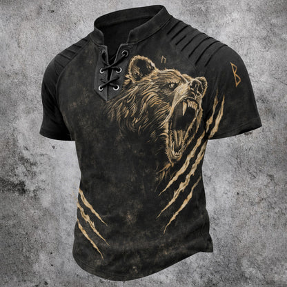 Cardydony Men's Retro Bear Print Viking Outdoor Casual Cotton Linen Top