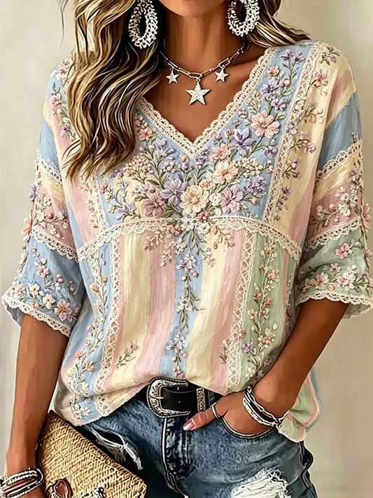 Cardydony Women's Small Floral Embroidery Art Patchwork Vintage Cotton Linen V-neck Short Sleeve Top