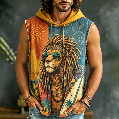 Cardydony Men's Hippie Lion Color-blocked Vacation Casual Hooded Vest