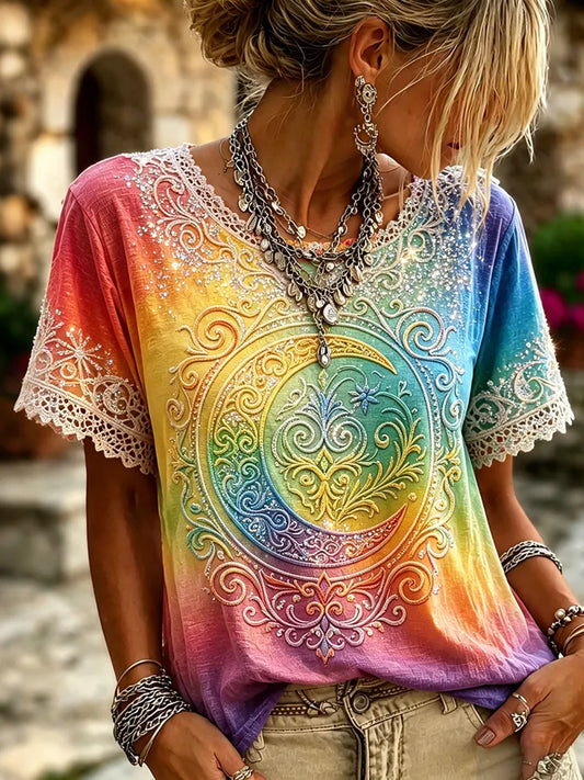 Cardydony Women's Retro Hippie Gradient Print Crew Neck T-shirt