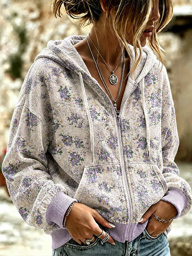 Cardydony Women's Vintage Small Floral Pastoral Print Casual Hoodie