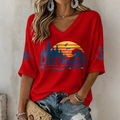 Cardydony V-neck Retro Lake Ontario Now And Always Est 1656 Print T-shirt