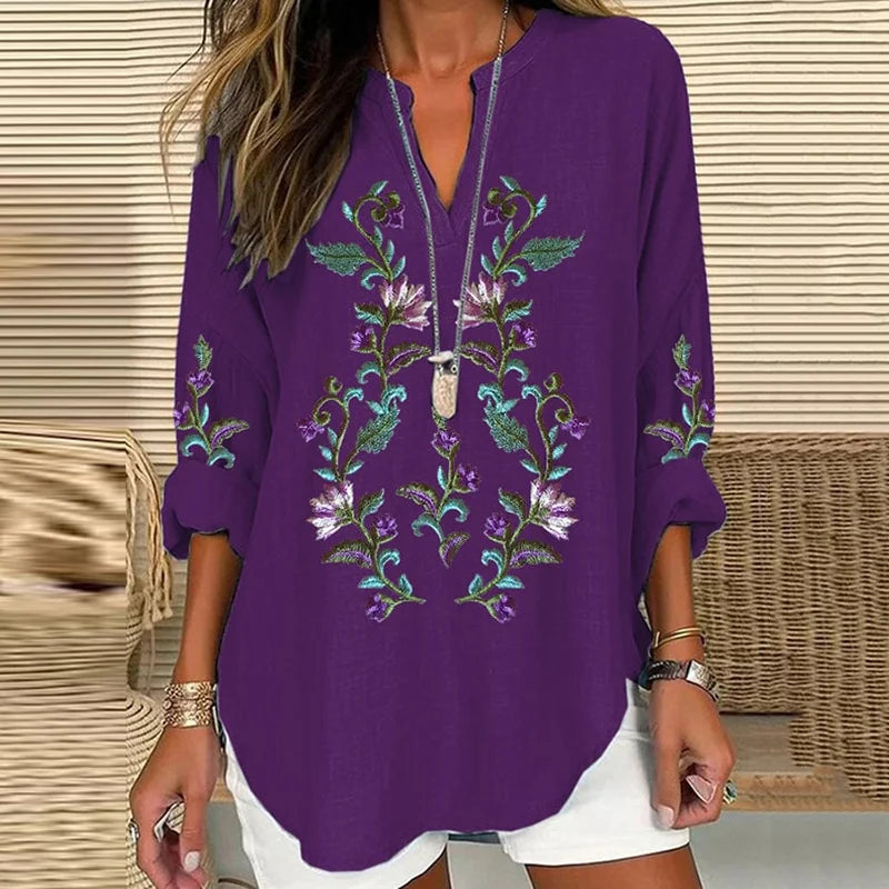 Cardydony Scottish Thistle Embroidered Linen Blend Blouses