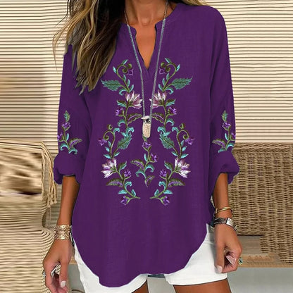Cardydony Scottish Thistle Embroidered Linen Blend Blouses