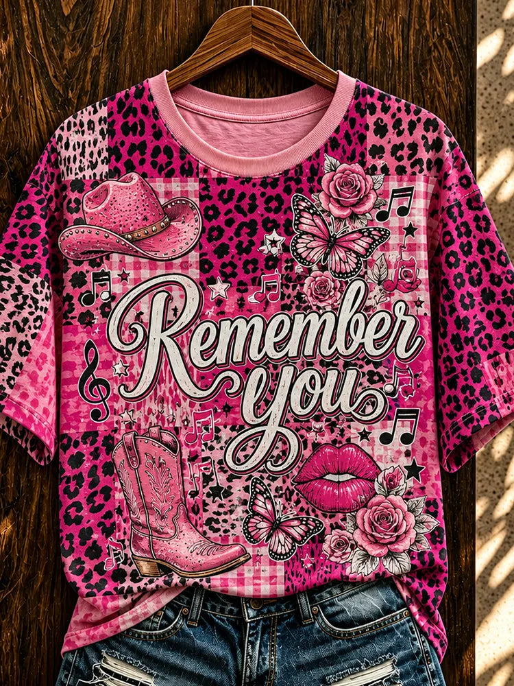 Cardydony Women's Round Neck Short-sleeved Leopard Print Commemorative T-shirt, Decorated With The Words "remember You," A Cowboy Hat, And A Butterfly Pattern.