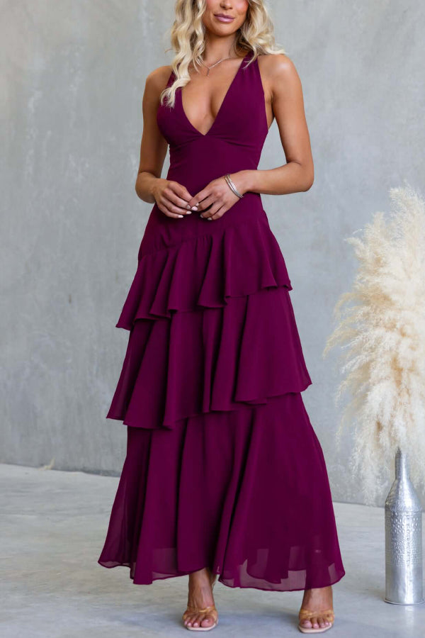 Cardydony Women's Solid Color V-neck Sleeveless Elegant Layered Maxi Dress
