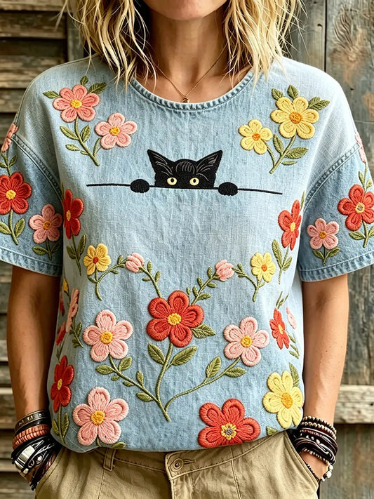 Cardydony Women's Hippie Cute Cat With Floral Art Embroidered Linen Blend Round Neck Tshirt