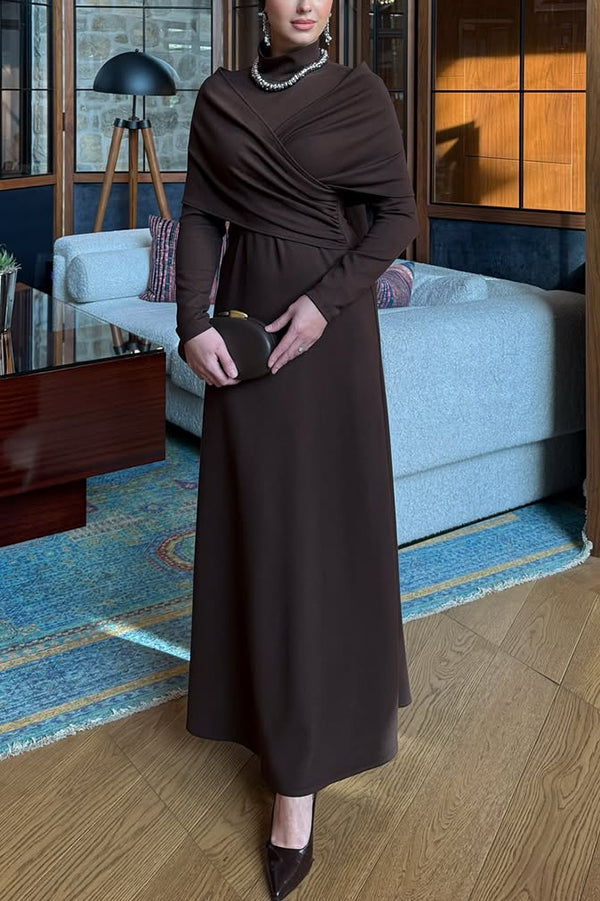 Cardydony Women's Solid Color High-neck Long-sleeved Crossover Waist Slim-fit Maxi Dress